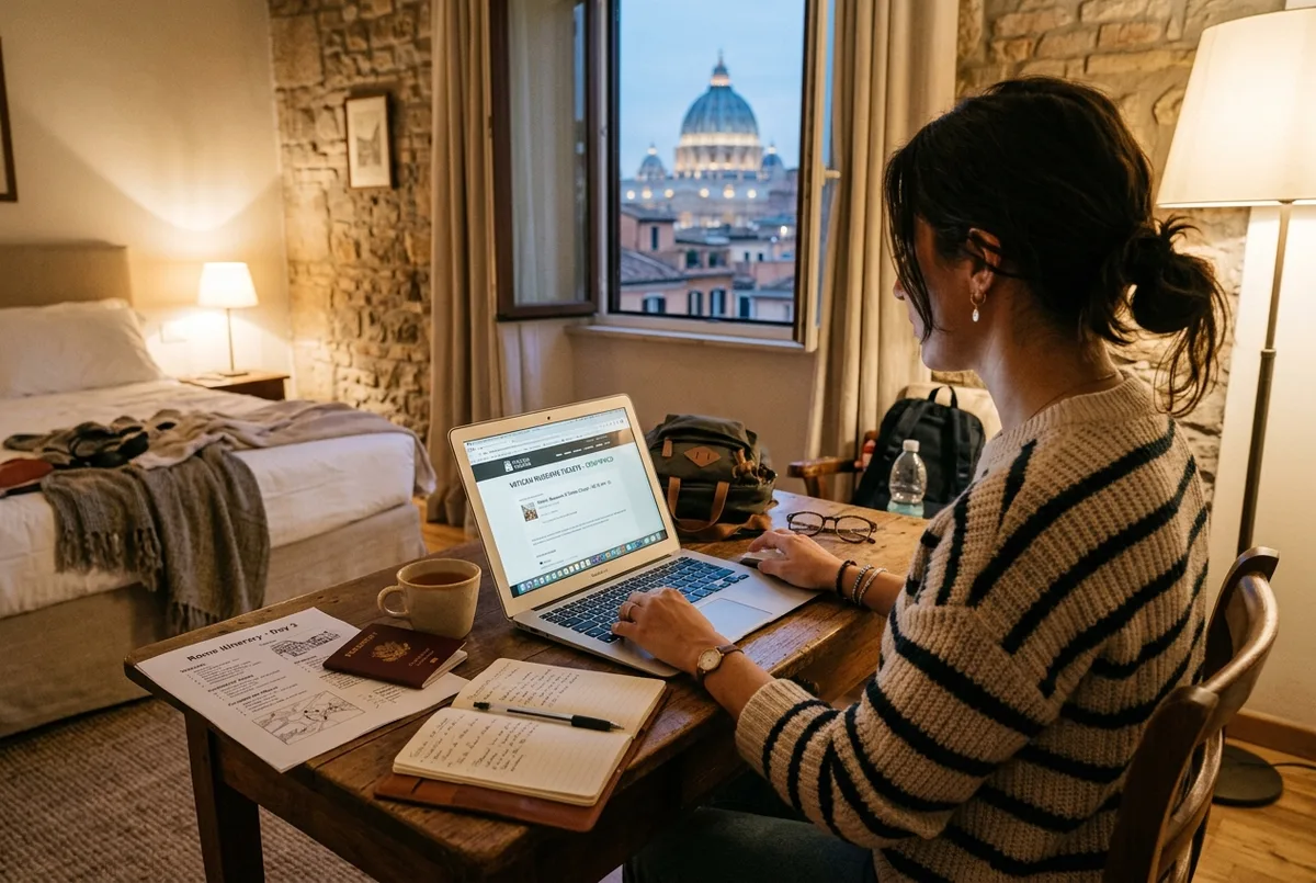 Traveler completing a vatican city booking on a laptop at a hotel desk, confirmation email open beside a printed itinerary, warm evening light