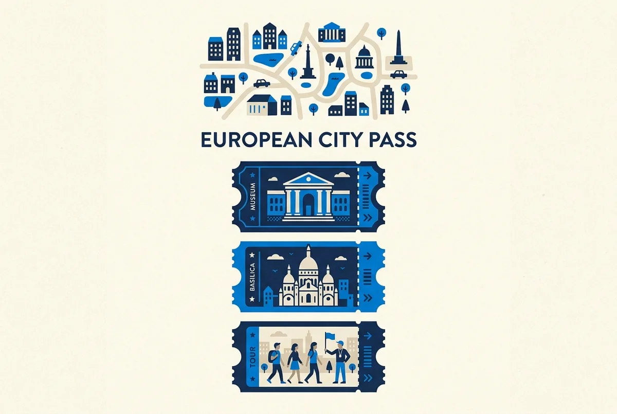 Infographic-style illustration of three separate ticket icons, one labeled generically as museum, one as basilica, and one as tour, arranged with no shared connecting line, minimal editorial icon style, no readable text or statistics