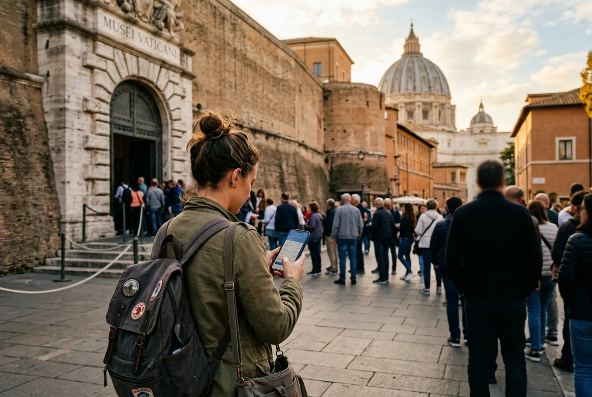 Traveler studying a phone screen comparing ticket options outside the Vatican Museums entrance, St Peter's dome in the background, vatican city pass decision moment