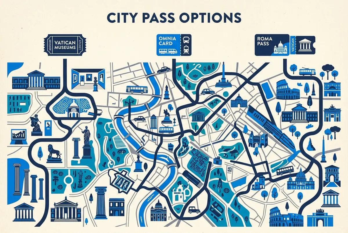 Comparison infographic showing three separate paths, a Vatican Museums ticket icon, an Omnia Card icon, and a Roma Pass plus Vatican ticket icon, vatican city pass options, generic labels only, no prices