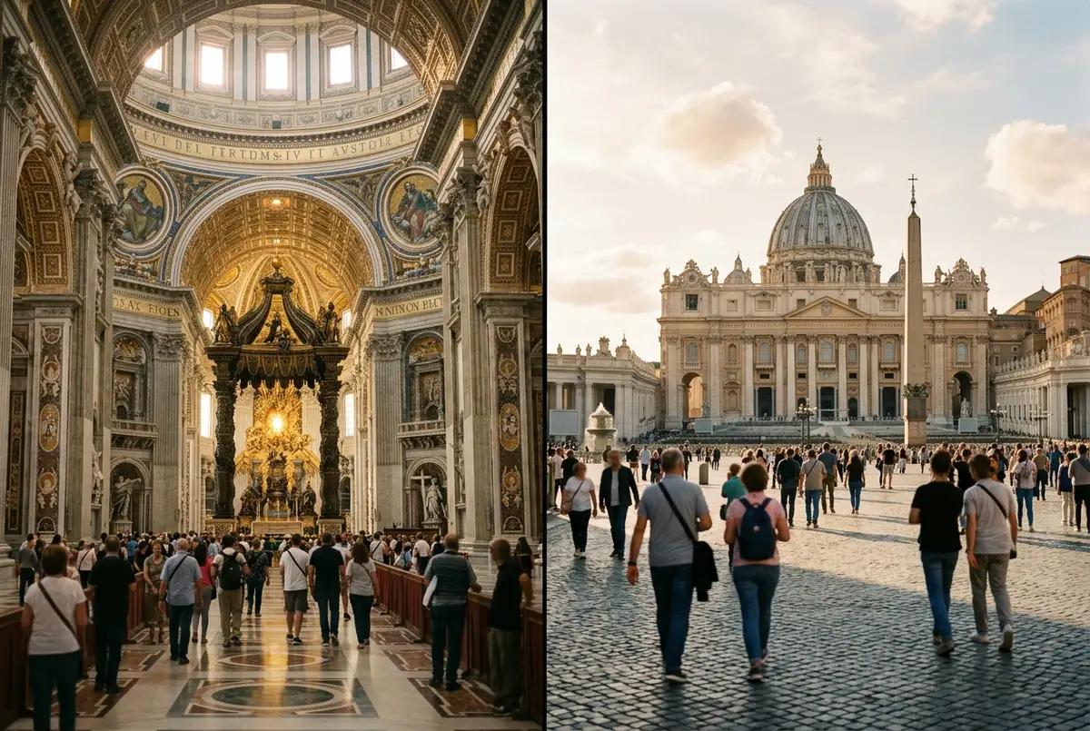Split scene of St Peter's Basilica dome on one side and the Colosseum's arches on the other, connected by a dotted route line across a stylized Rome skyline