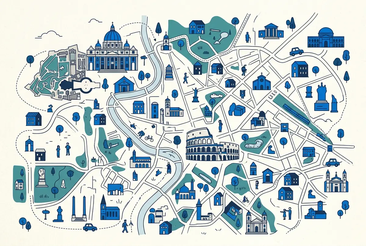 illustrated map of Rome highlights for Vatican and Colosseum: Combined Tickets and Best Itinerary, colosseum and vatican tours