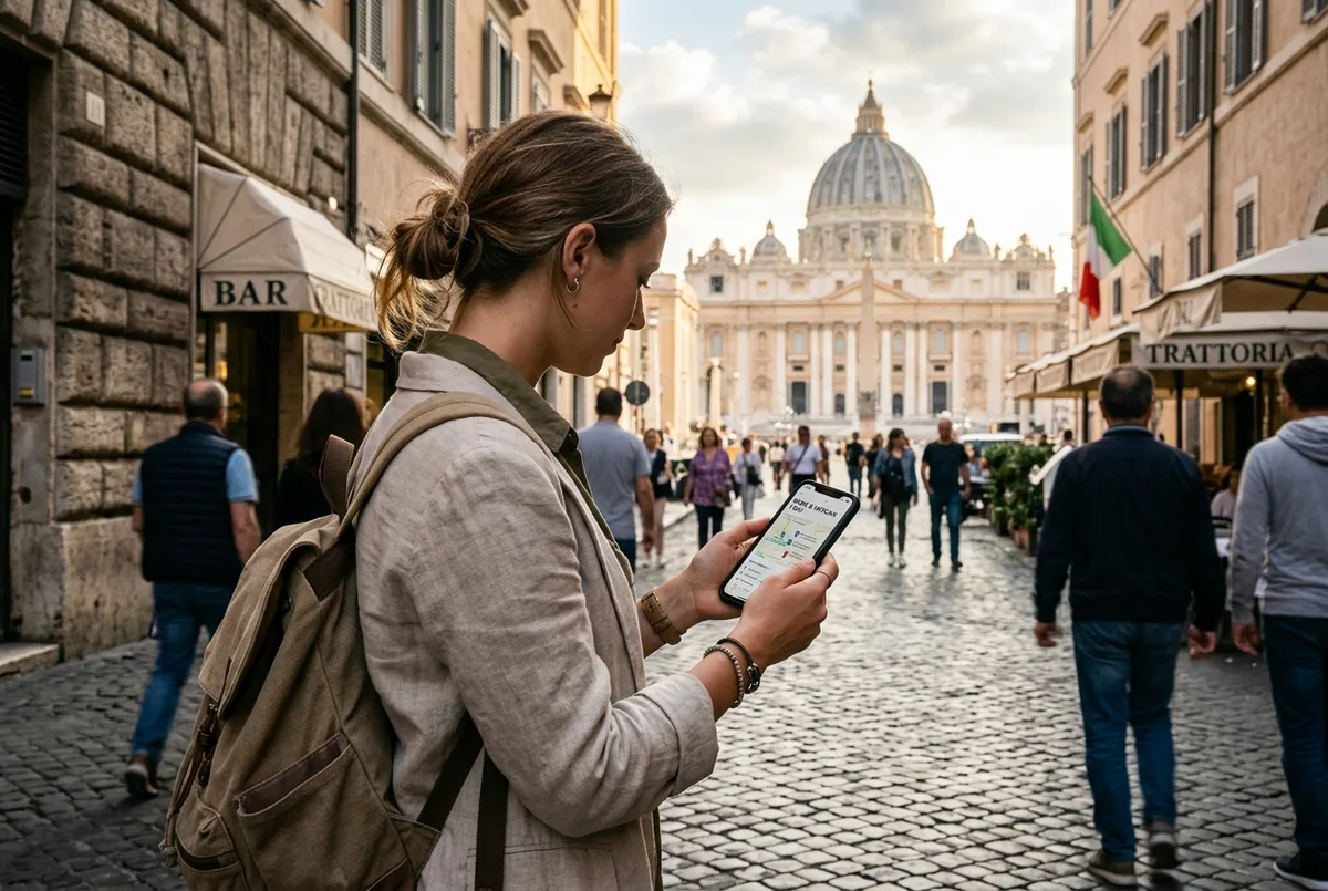 Traveler on a Rome street checking a phone itinerary for touring Rome and the Vatican in one day, St Peter's dome visible in the distance, morning light