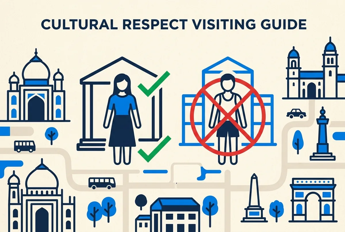 Simple icon-style infographic comparing an allowed outfit silhouette covering shoulders and knees against a crossed-out shorts and tank top icon, minimal editorial style, no readable text or statistics