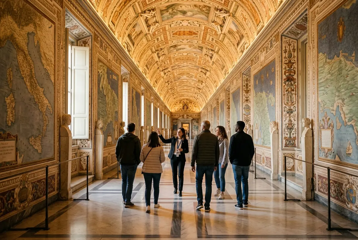 Small group on an early morning vatican tour walking an empty gallery corridor before general opening, soft golden light through the windows