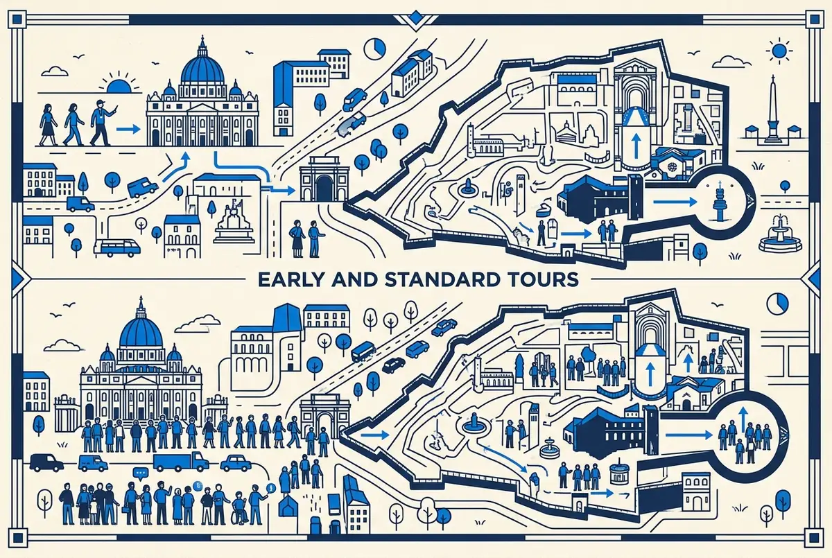 Infographic timeline showing an early morning vatican tour entering before general opening compared to a standard skip the line ticket