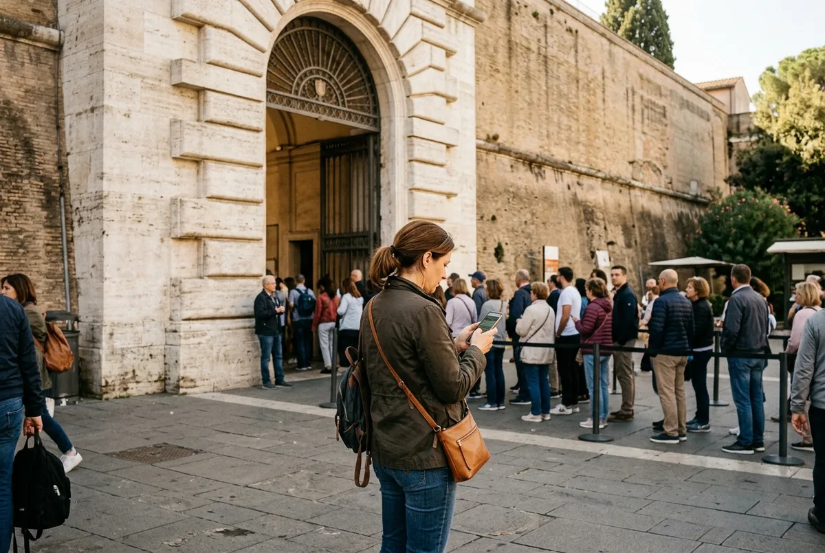 Turista consultando o mapa em frente ao muro do vaticano para decidir a entrada do vaticano certa, entre a Viale Vaticano e a Praça de São Pedro