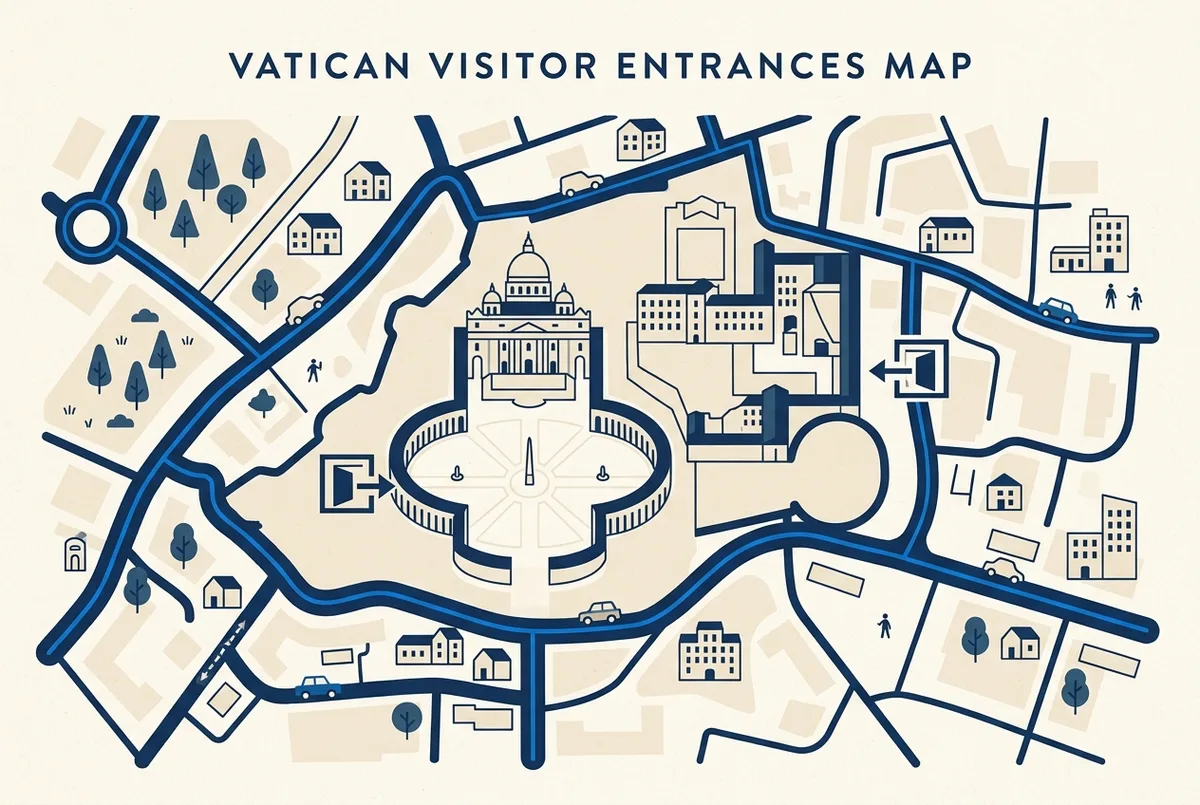 Mapa esquemático genérico mostrando as duas entradas do vaticano lado a lado: a entrada do museu na Viale Vaticano e a entrada da basílica na Praça de São Pedro, com uma seta indicando o trajeto a pé entre elas
