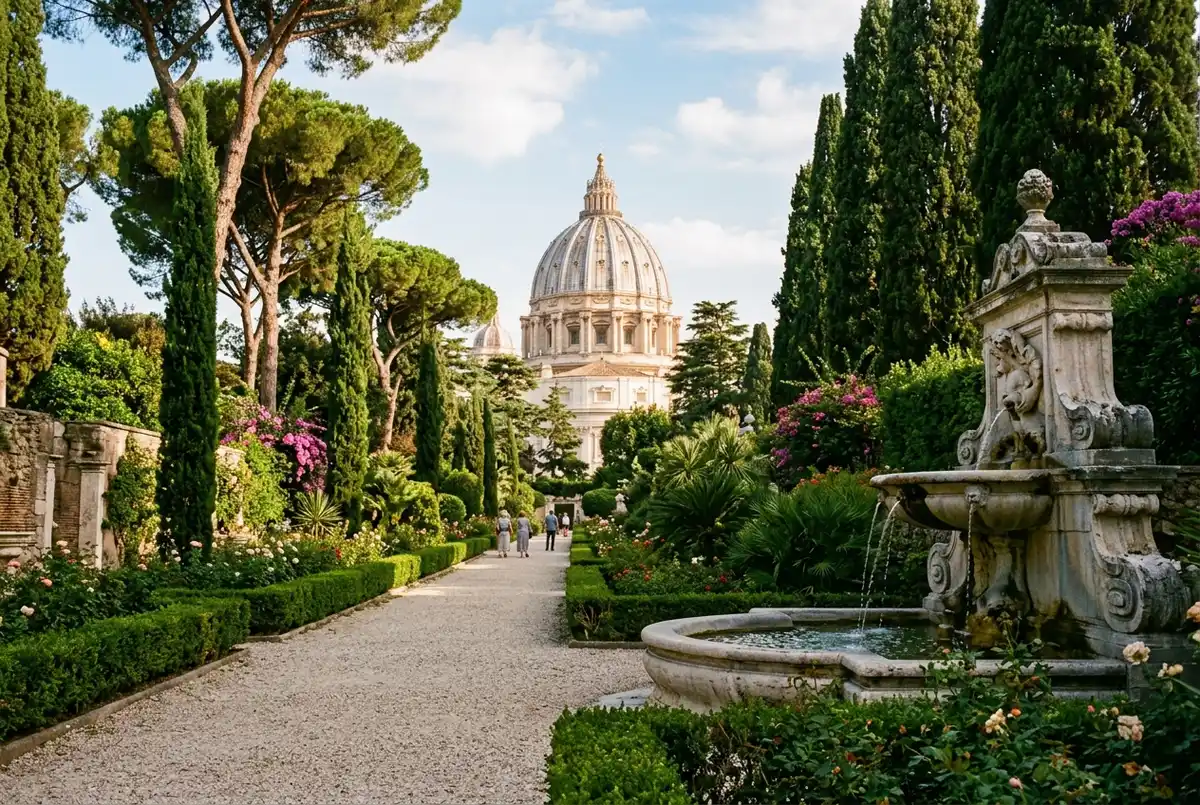 Small golf cart tour winding along a manicured path in the Vatican Gardens past clipped hedges, fountains and pine trees, soft morning light, vatican gardens tour scene