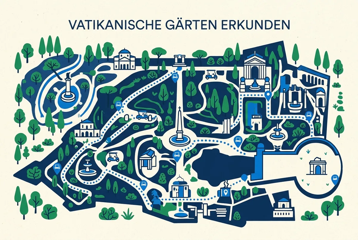 Simple map-style infographic showing the Vatican Gardens grounds behind St Peter's Basilica with icons marking a fountain, a tower and a golf-cart route, minimal editorial style, no readable text or statistics