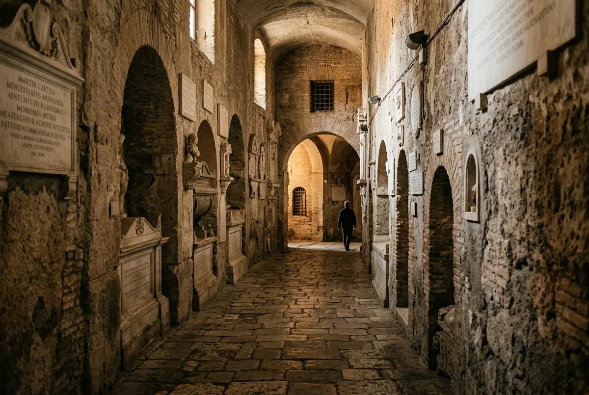 Quiet stone corridor inside the Vatican Grottoes beneath St Peter's Basilica lined with papal tomb markers, soft ambient lighting, no crowds