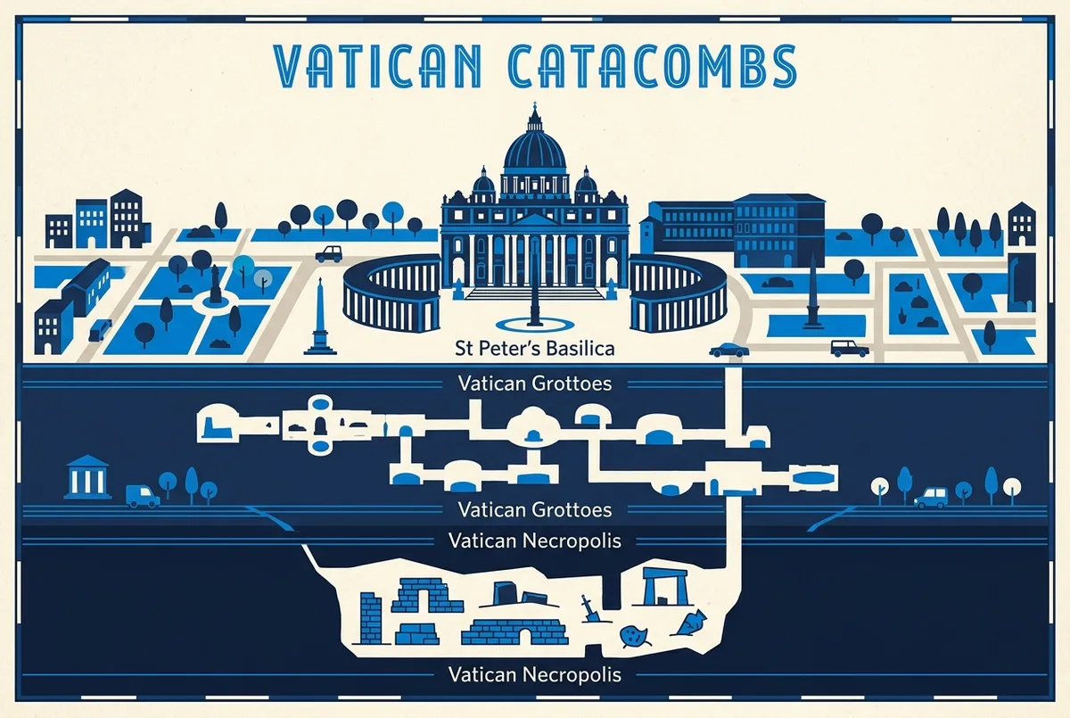 Simple diagram comparing the layout of St Peter's Basilica above ground, the Vatican Grottoes just below it, and the deeper Vatican Necropolis excavation