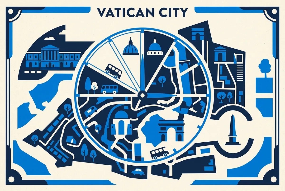 Infographic-style clock face divided into open and closed segments representing the Vatican Museums daily schedule, minimal editorial icon style, no readable text or statistics