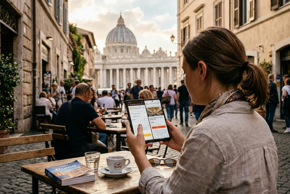 Split-scene traveler comparing the vatican museum official website booking page against a reseller ticket app on a phone, Rome