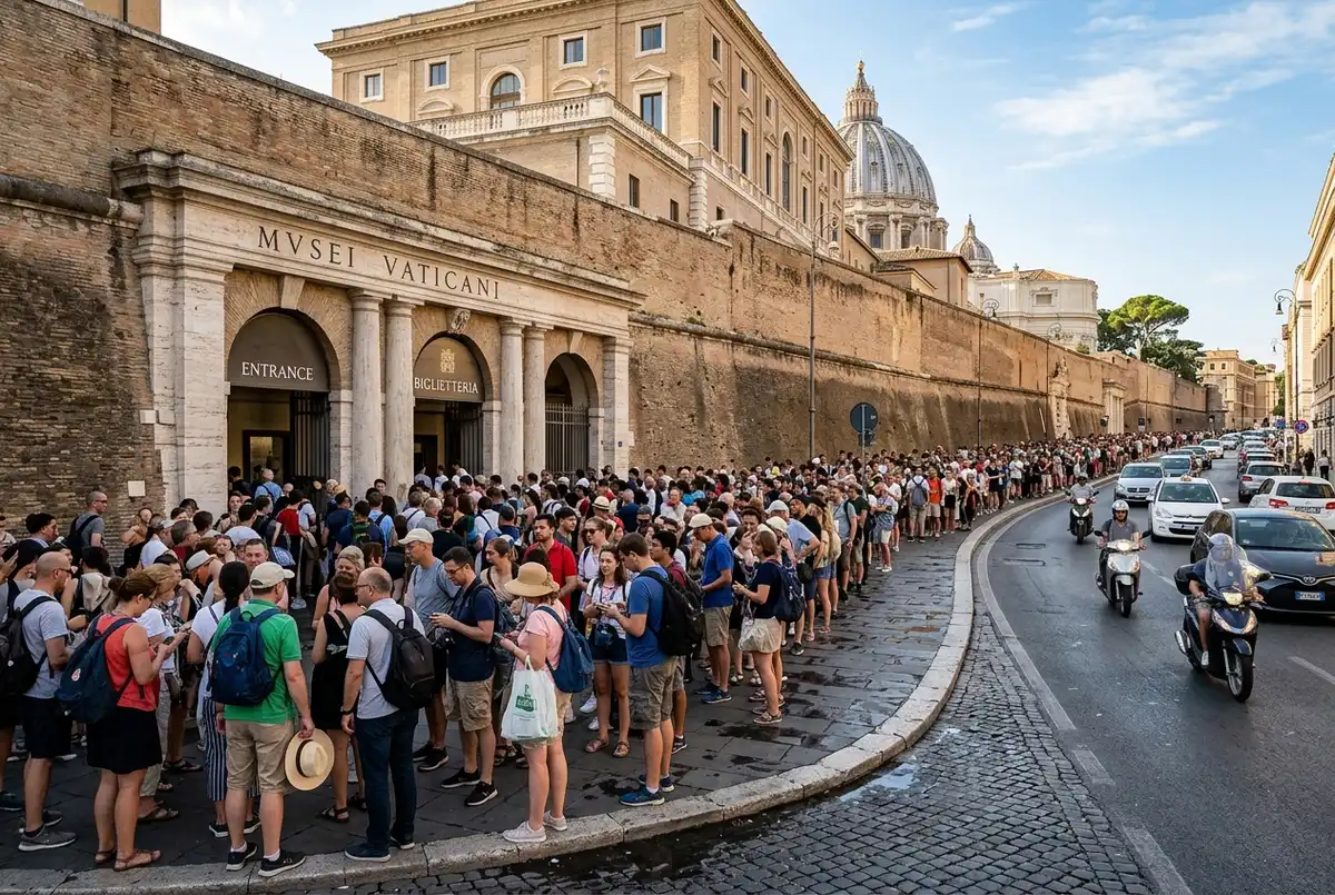 Long tourist queue outside the vatican museum ticket office on Viale Vaticano on a busy morning in Rome