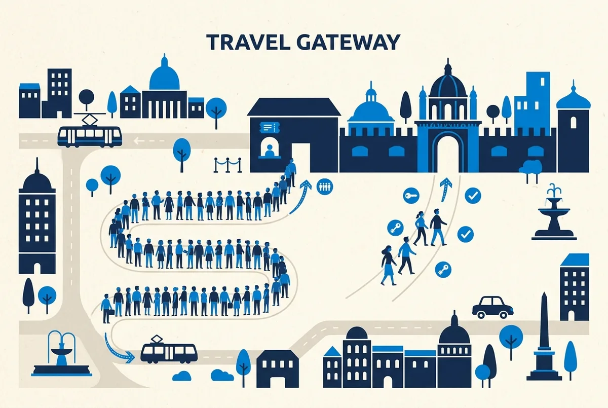 Diagram comparing two paths into the Vatican Museums: a long queue icon labeled Ticket Office Line versus a short direct-entry icon labeled Reserved Online Slot