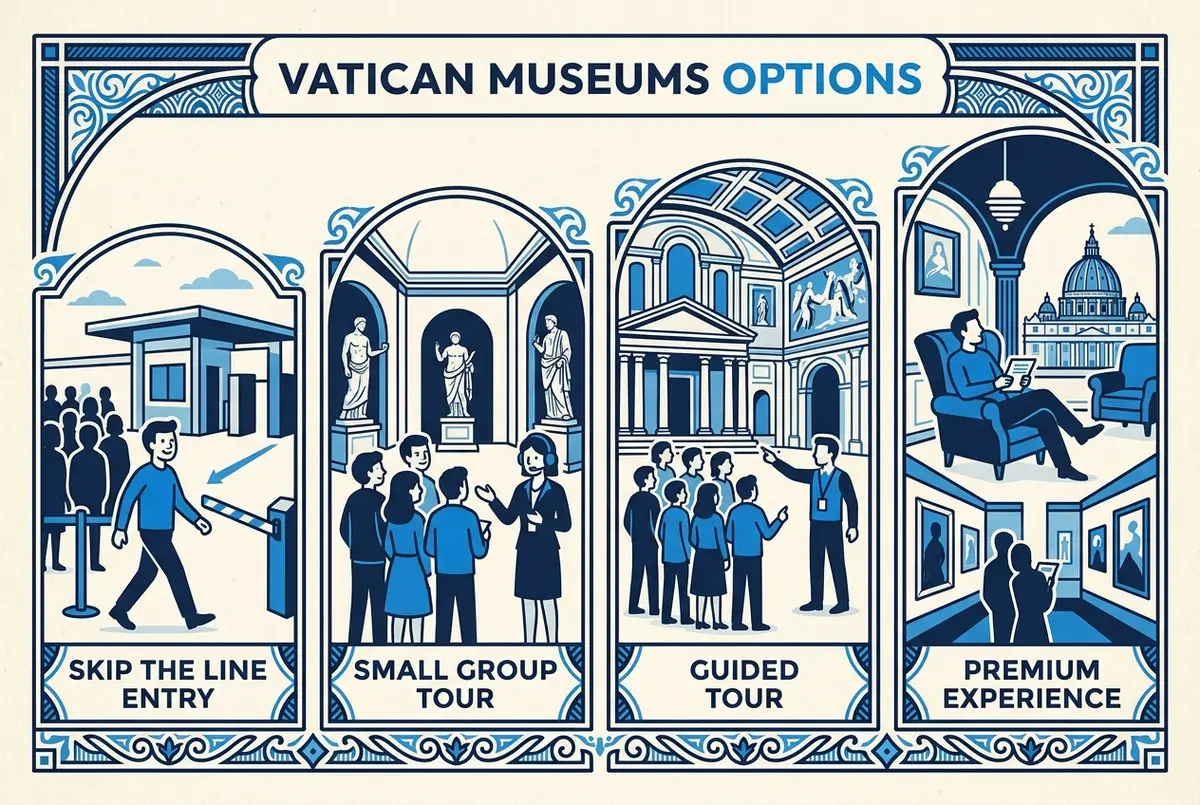 Comparison graphic of Vatican Museums ticket categories: skip the line entry, small group tour, guided tour and premium experience, arranged left to right by price tier