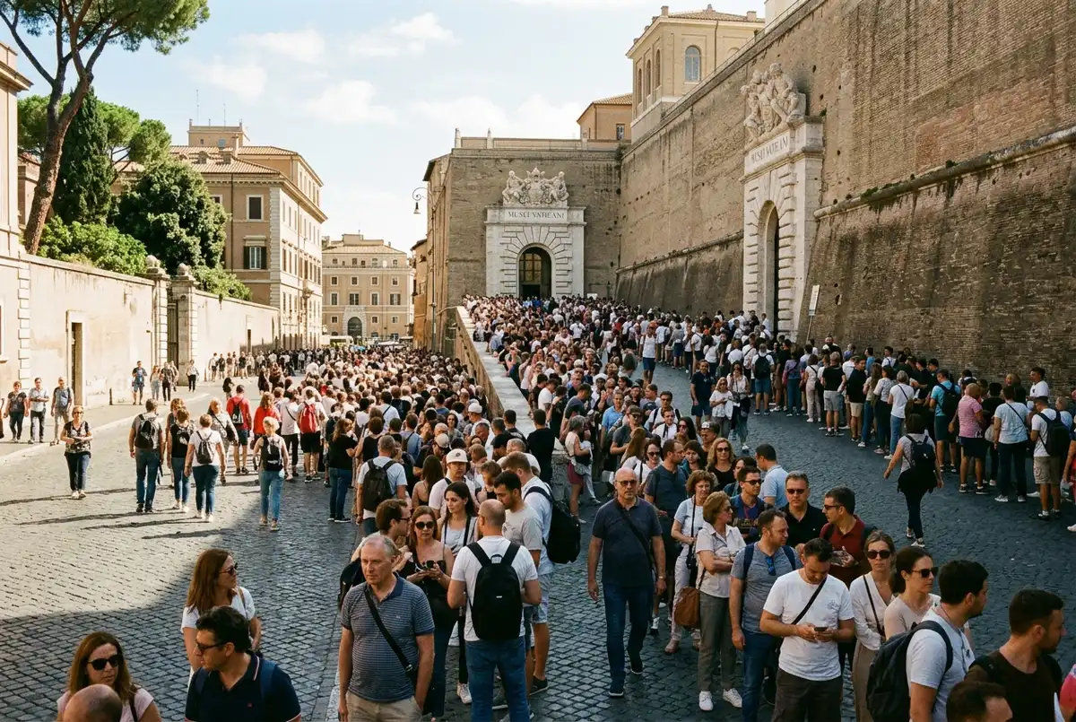Foule dense de visiteurs attendant devant l'entrée du musée du vatican gratuit dimanche un matin de dernier dimanche du mois, ciel romain clair