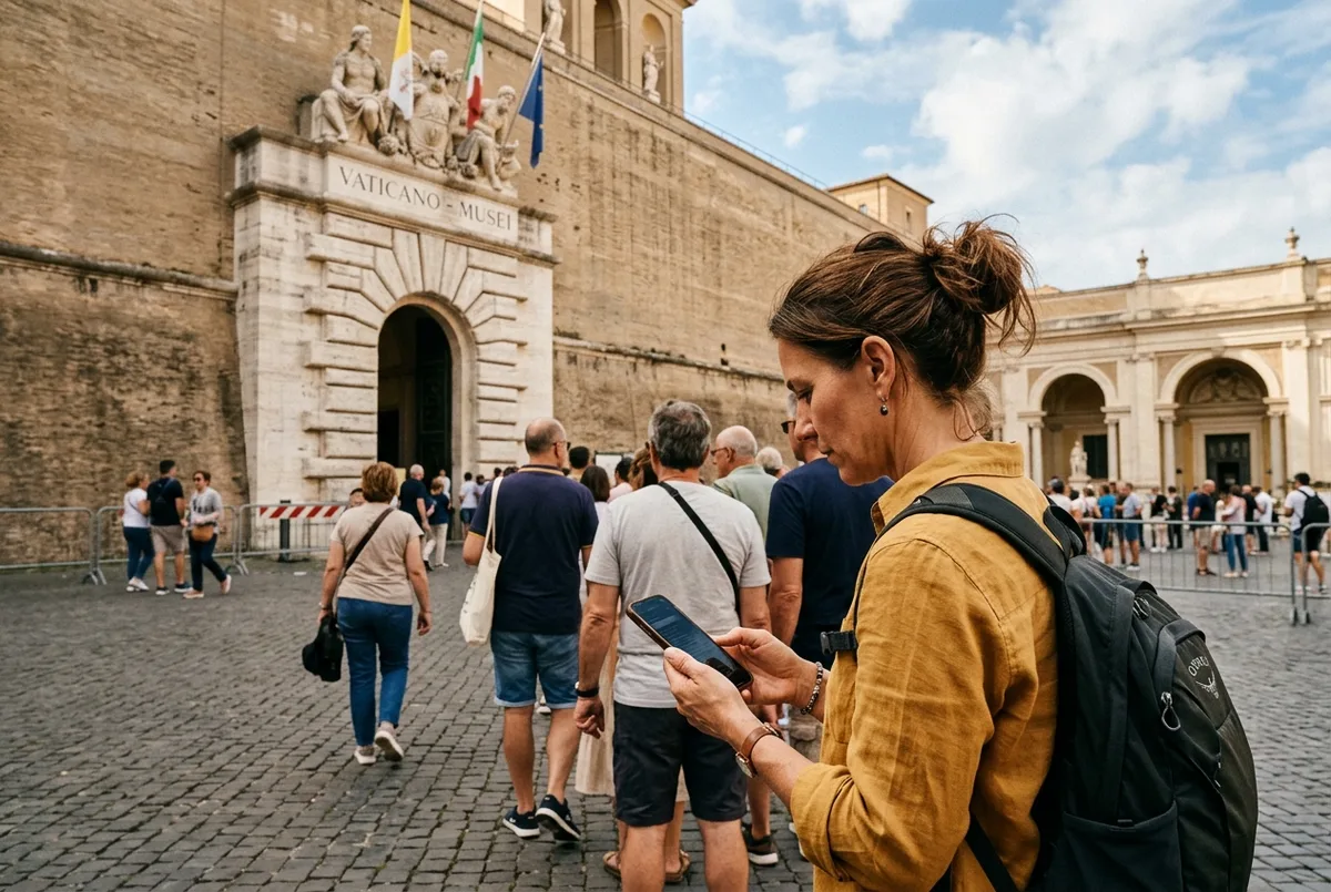 Traveler reading reviews on a phone outside the Vatican Museums entrance in a light queue, warm midday light, vatican museums reviews research moment, no readable text on screen