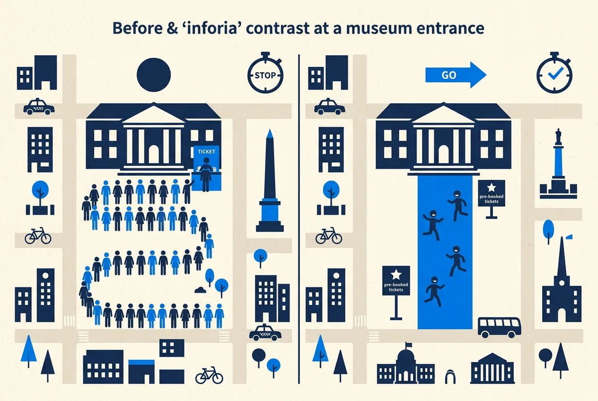 Simple before-and-after illustration contrasting a long ticket-office queue with a short pre-booked entry lane at a museum entrance, minimal editorial infographic style, no readable text