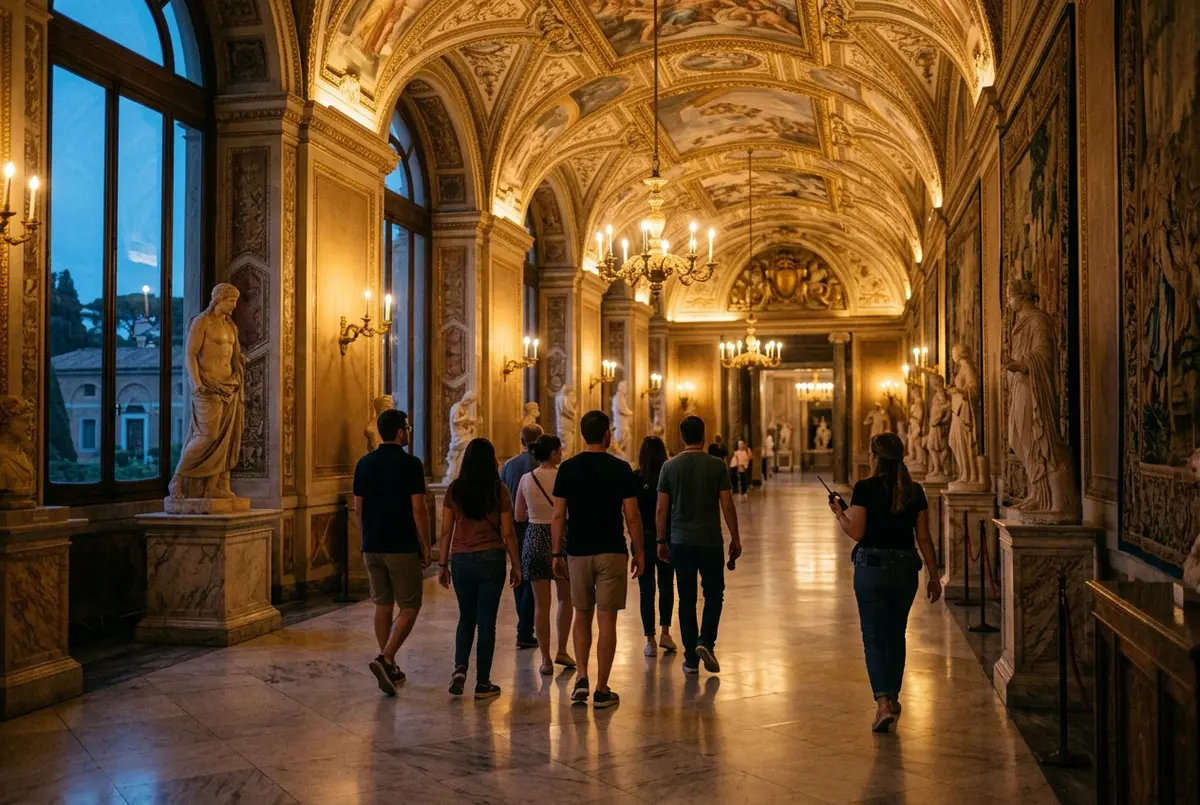 Vatican Museums gallery lit warmly at dusk with a small evening tour group walking through, empty compared to daytime crowds, vatican night tour atmosphere