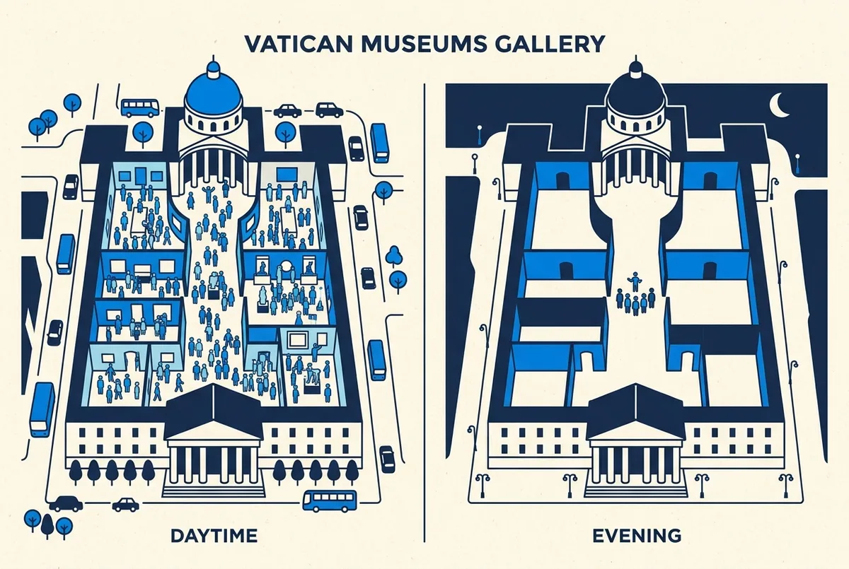 Comparison infographic showing a daytime Vatican Museums gallery crowded with visitors next to the same gallery at evening with a small tour group, generic icons only, no statistics or prices