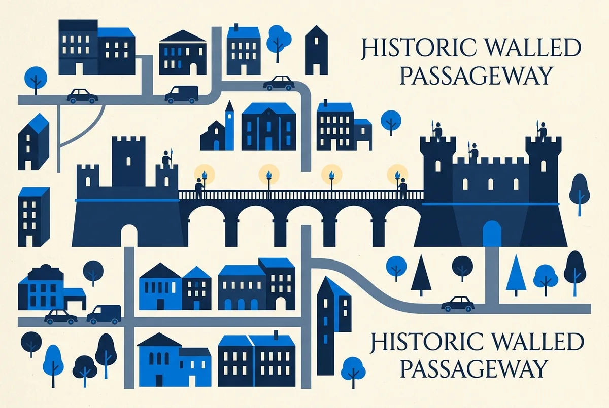 Historische Illustration eines erhöhten Mauergangs zwischen zwei Festungen bei Nacht, mit Fackellicht und Wachposten, allgemeine Darstellung ohne reale Personen, passetto di borgo Infografik