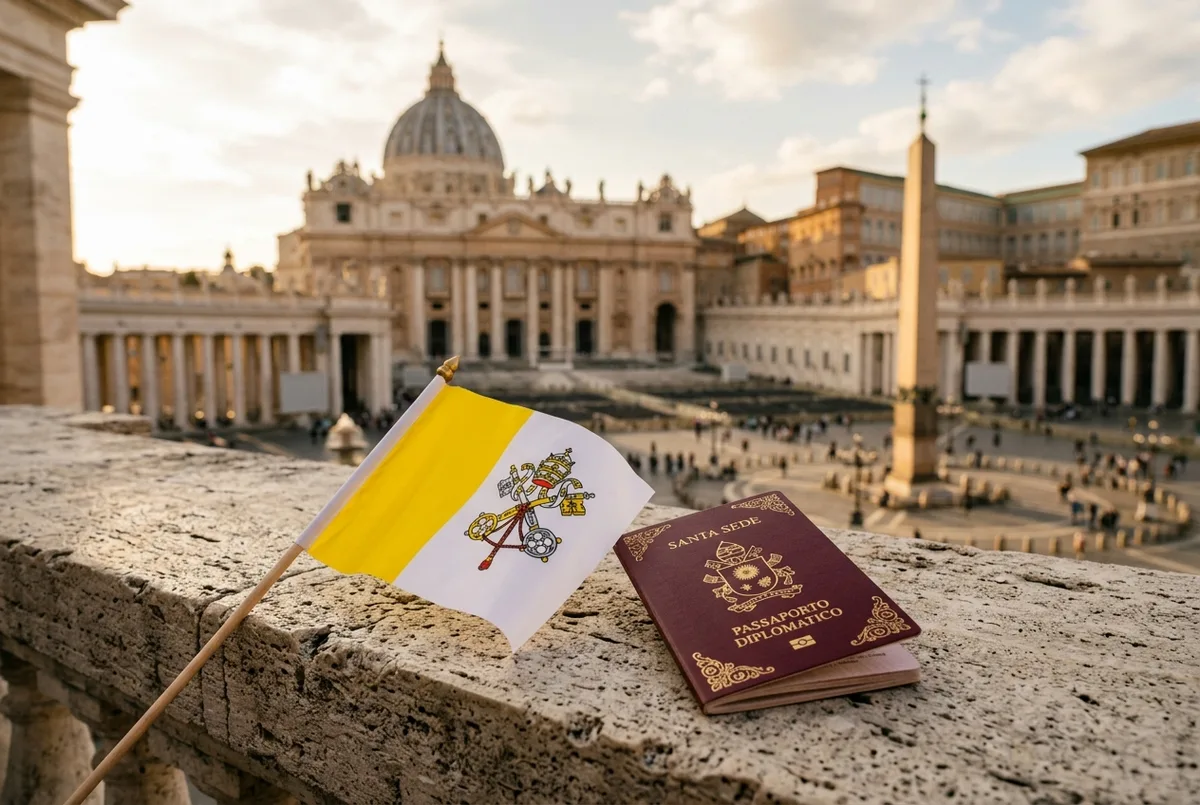 Vatican City flag beside a stylized diplomatic passport booklet resting on a stone ledge near St Peter's Square, soft afternoon light, no faces visible