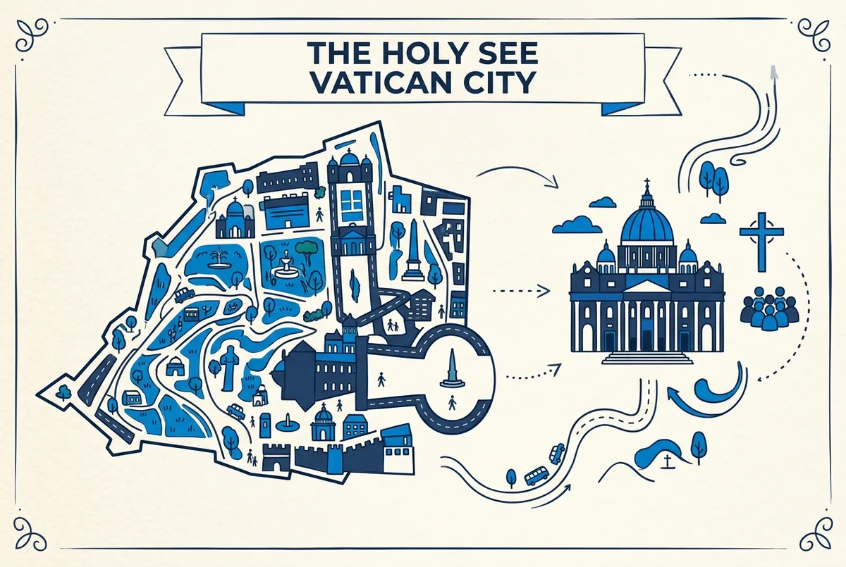 Simple diagram showing the difference between the Holy See as an institution and Vatican City as a sovereign state, minimal labeled icons, editorial infographic style