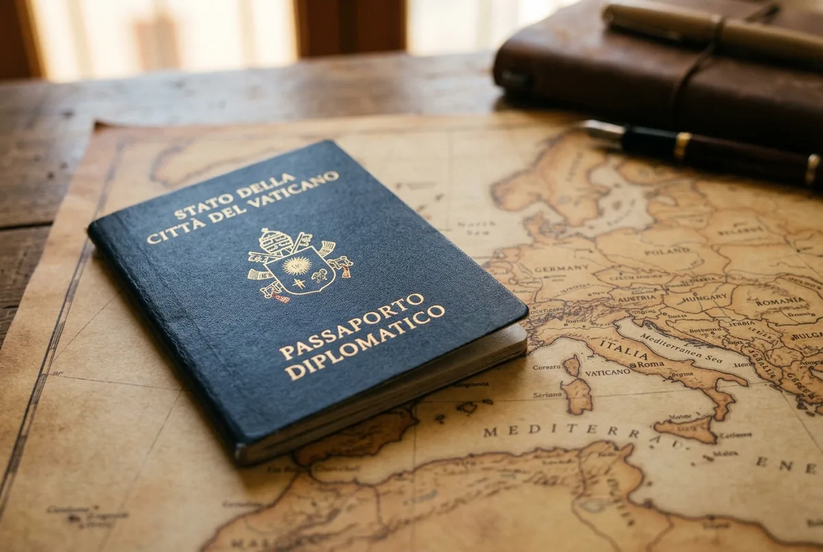 Closed navy diplomatic passport booklet with a small Vatican City coat of arms detail, resting beside a world map, soft studio light