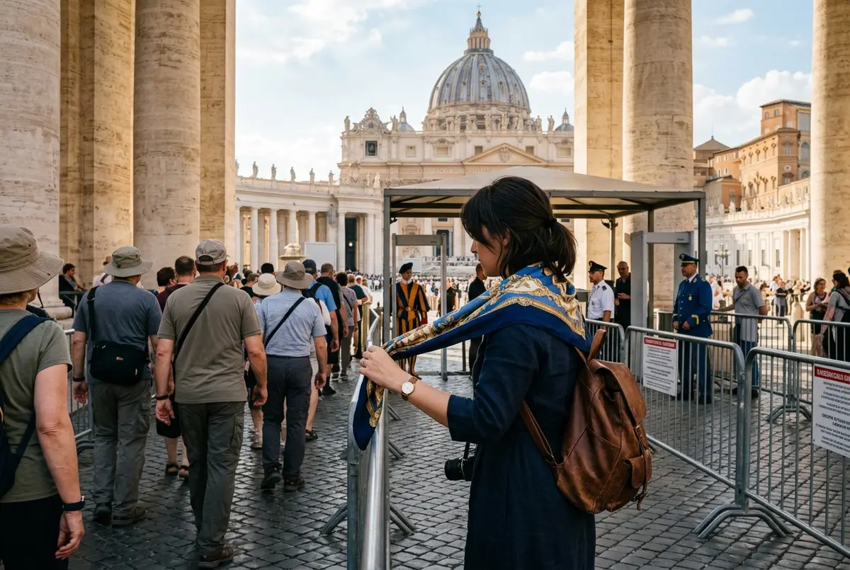Traveler checking a scarf draped over their shoulders before entering Vatican security, St Peter's Square colonnade in the background, clothing rules for the vatican moment
