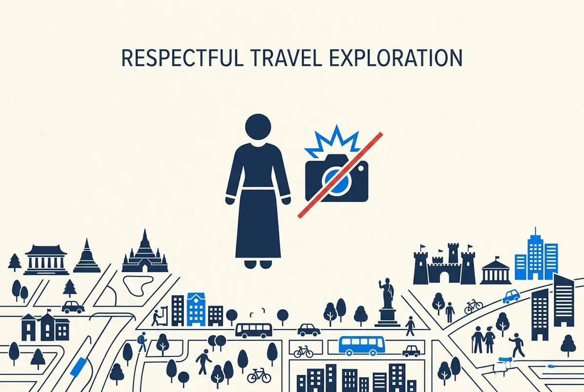 Simple icon-style graphic showing a shoulders-and-knees clothing silhouette next to a crossed-out camera flash icon, minimal editorial infographic style, no readable text or statistics