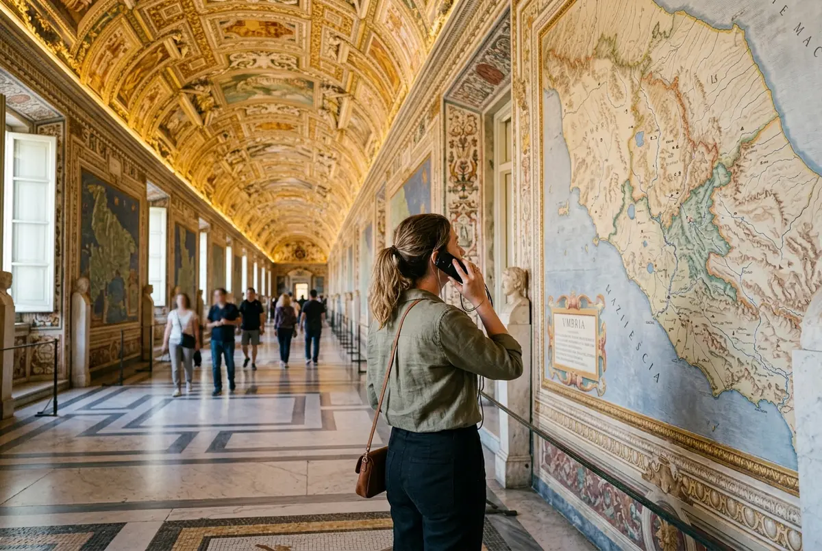 Traveler with a handheld audio guide device standing before the Gallery of Maps in the Vatican Museums, soft natural light