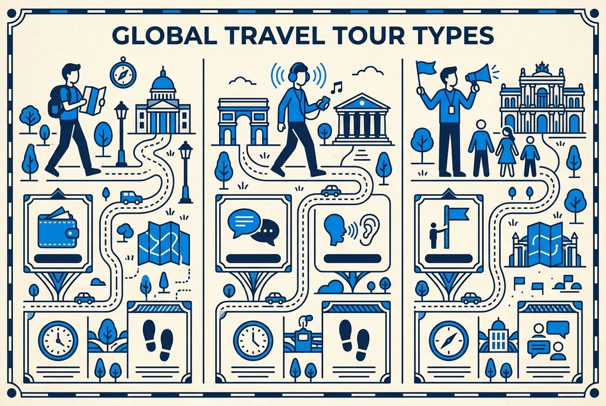 Infographic comparing self guided, audio guide and live guide Vatican tour formats by price, narration and pace