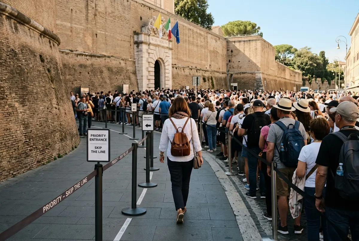 Traveler walking past a long ticket office queue through a separate priority lane at the Vatican Museums entrance, midday light, vatican skip the line moment