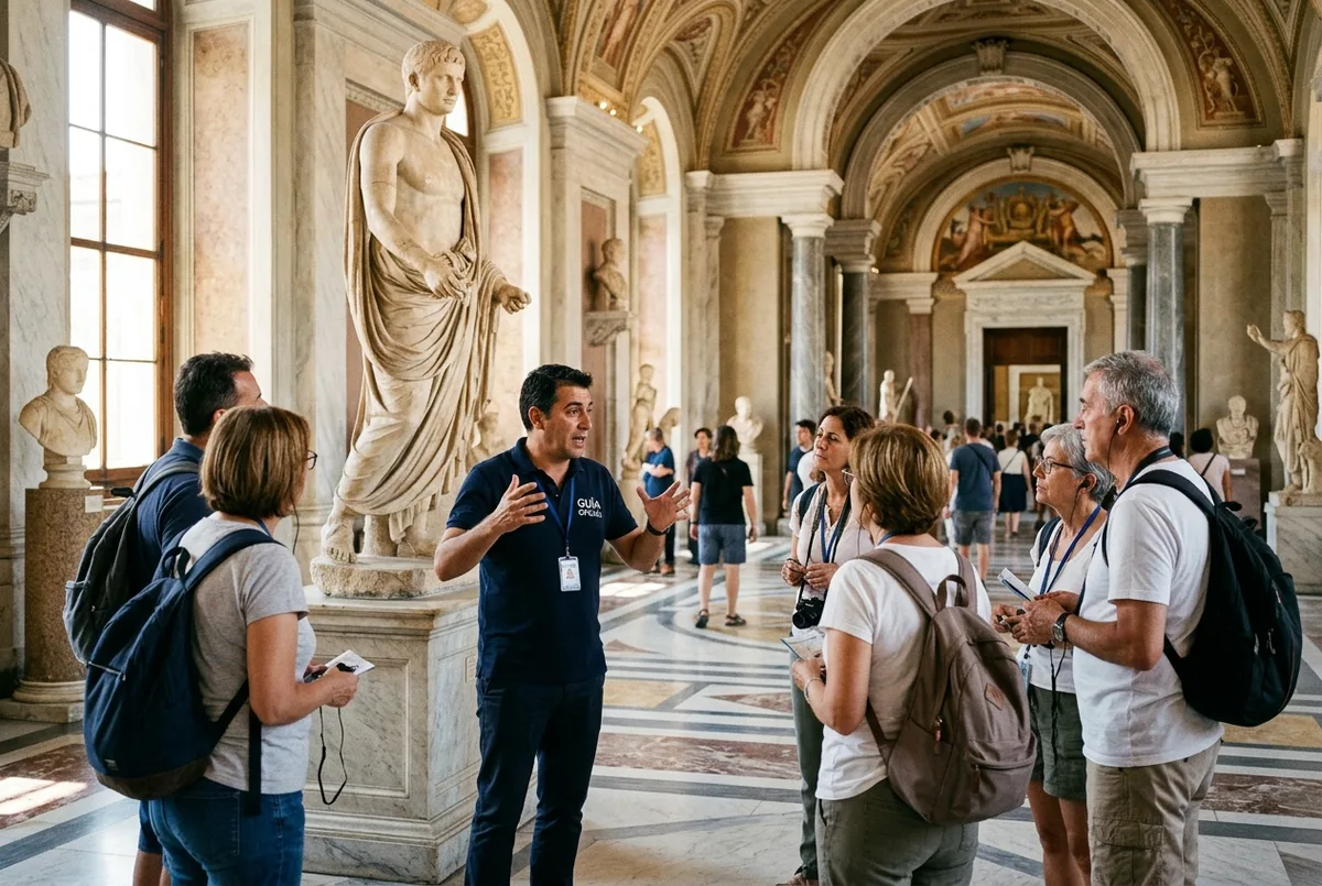 Guía turístico gesticulando ante un grupo reducido de viajeros hispanohablantes frente a una escultura clásica en los Museos Vaticanos, visita guiada vaticano español, luz cálida de media mañana
