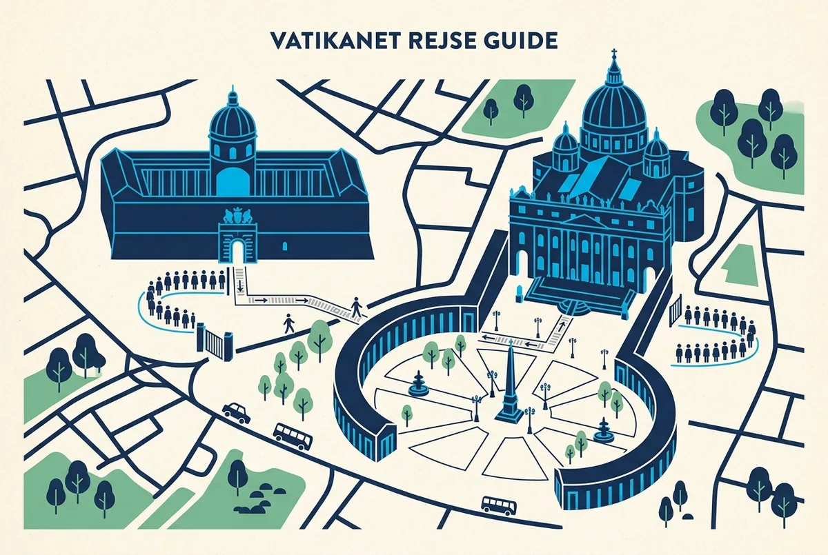 Infografik der viser Vatikanmuseerne og Peterskirken som to separate bygninger med hver sin egen kø og indgang, forbundet af en kort gåtur over Peterspladsen