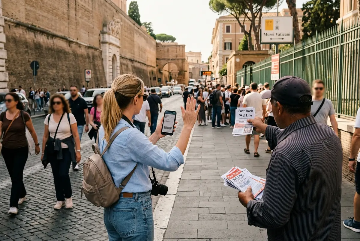 Traveler waving off a street vendor offering vatican ticket scams outside the Vatican Museums walls, holding a phone with a legitimate booking confirmation, midday Rome light