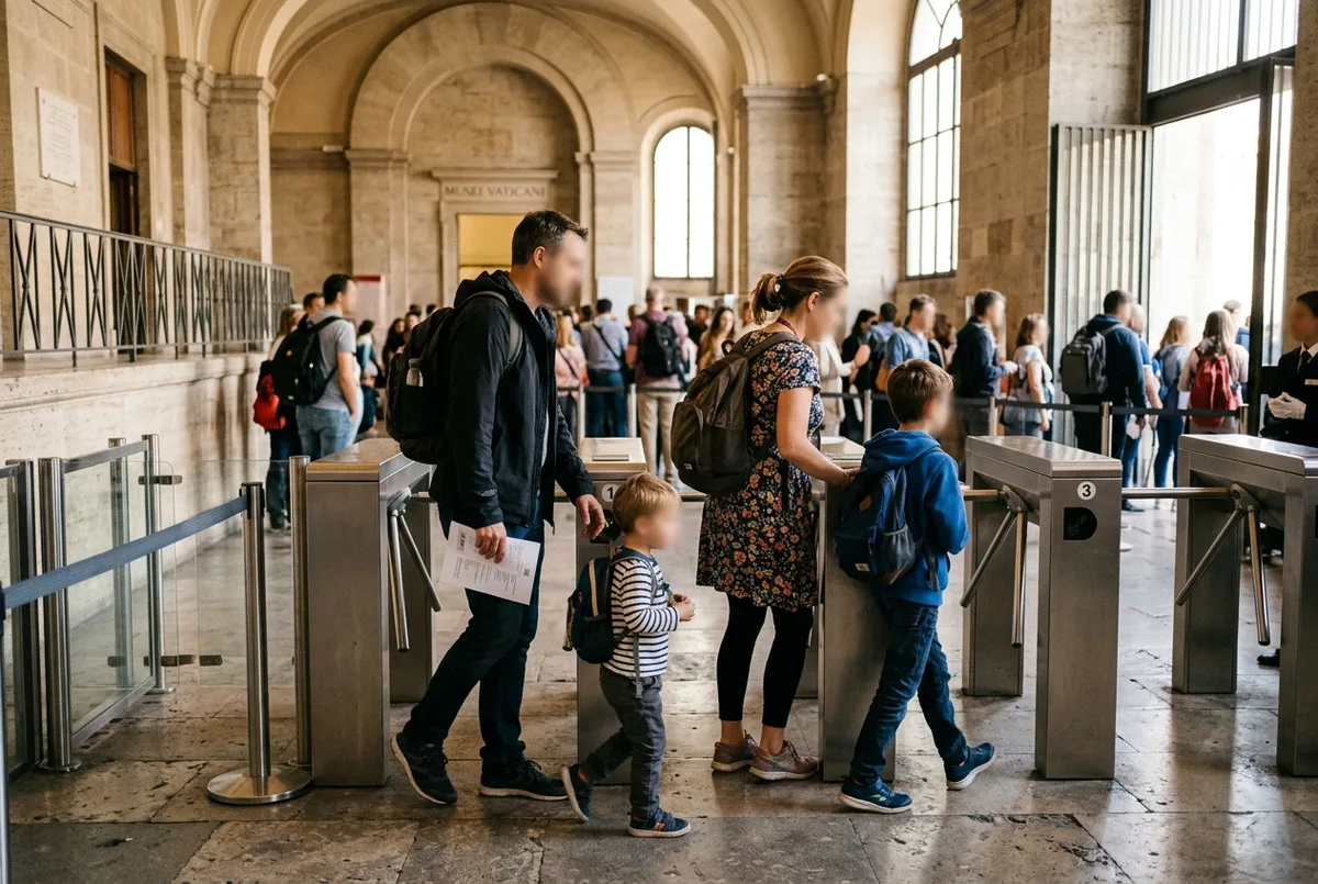 Family with two children walking through the vatican museum entry tickets turnstiles, parent holding printed vouchers, soft morning light at the Vatican Museums entrance in Rome