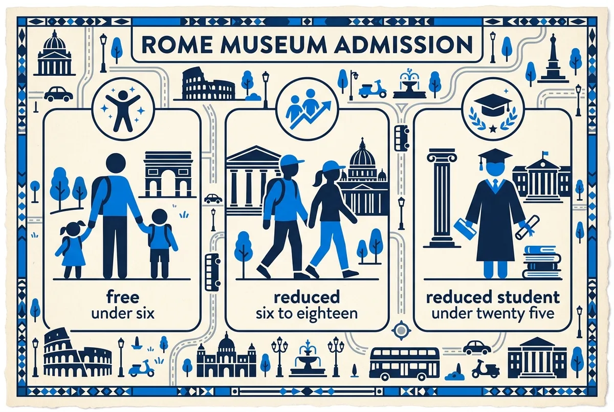 Infographic showing three Vatican Museums entry age brackets, free under six, reduced six to eighteen, reduced student under twenty five, using generic icon figures only