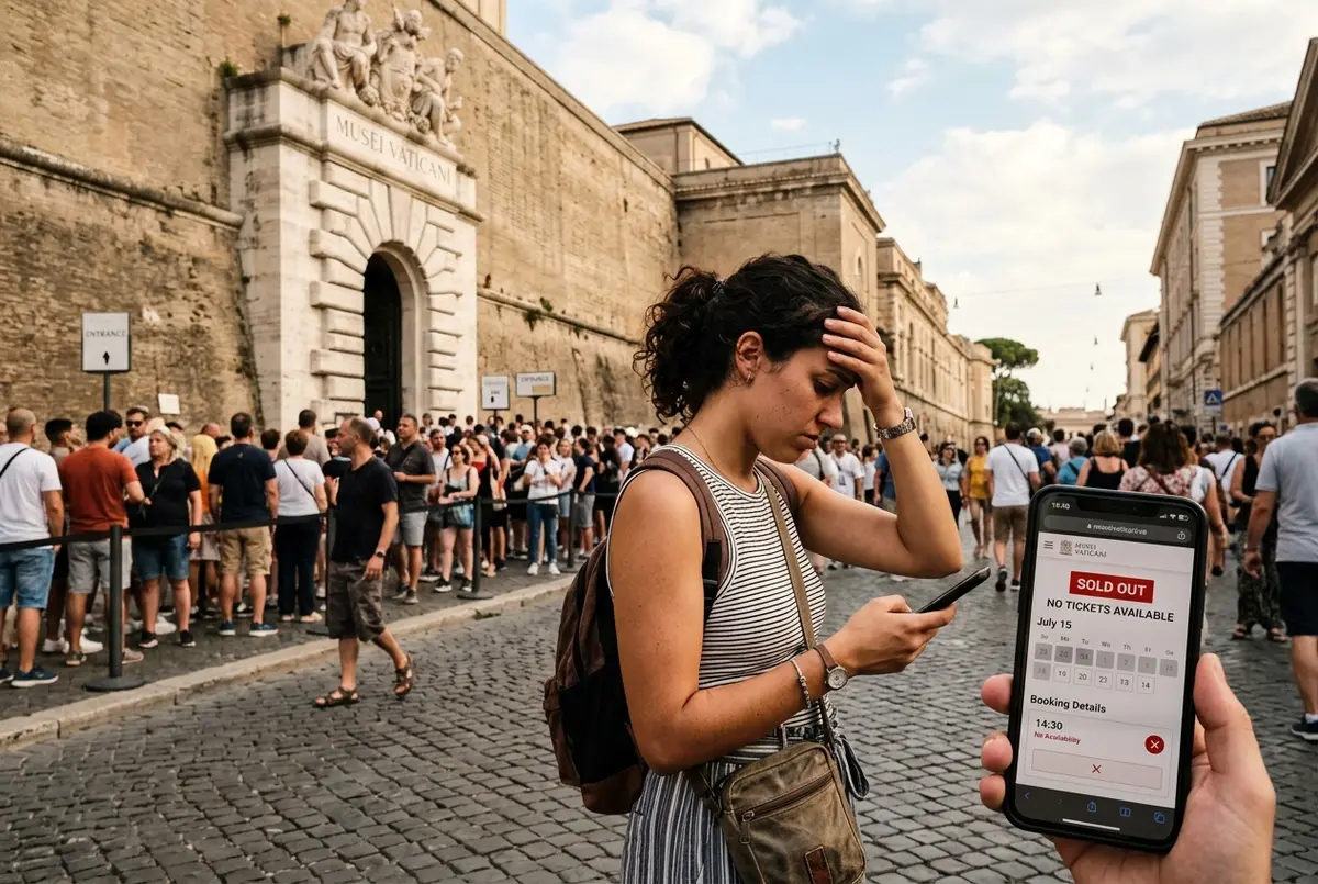 スマートフォンでバチカン美術館 チケット 売り切れの表示画面を見て困惑する旅行者、バチカン美術館の外観を背景に