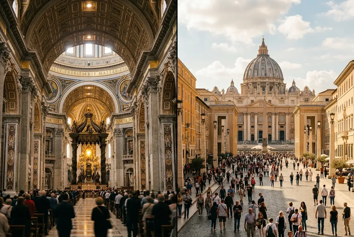Split editorial illustration contrasting St Peter's Basilica dome with a small Vatican City state border marker, clean minimal style, no text overlays
