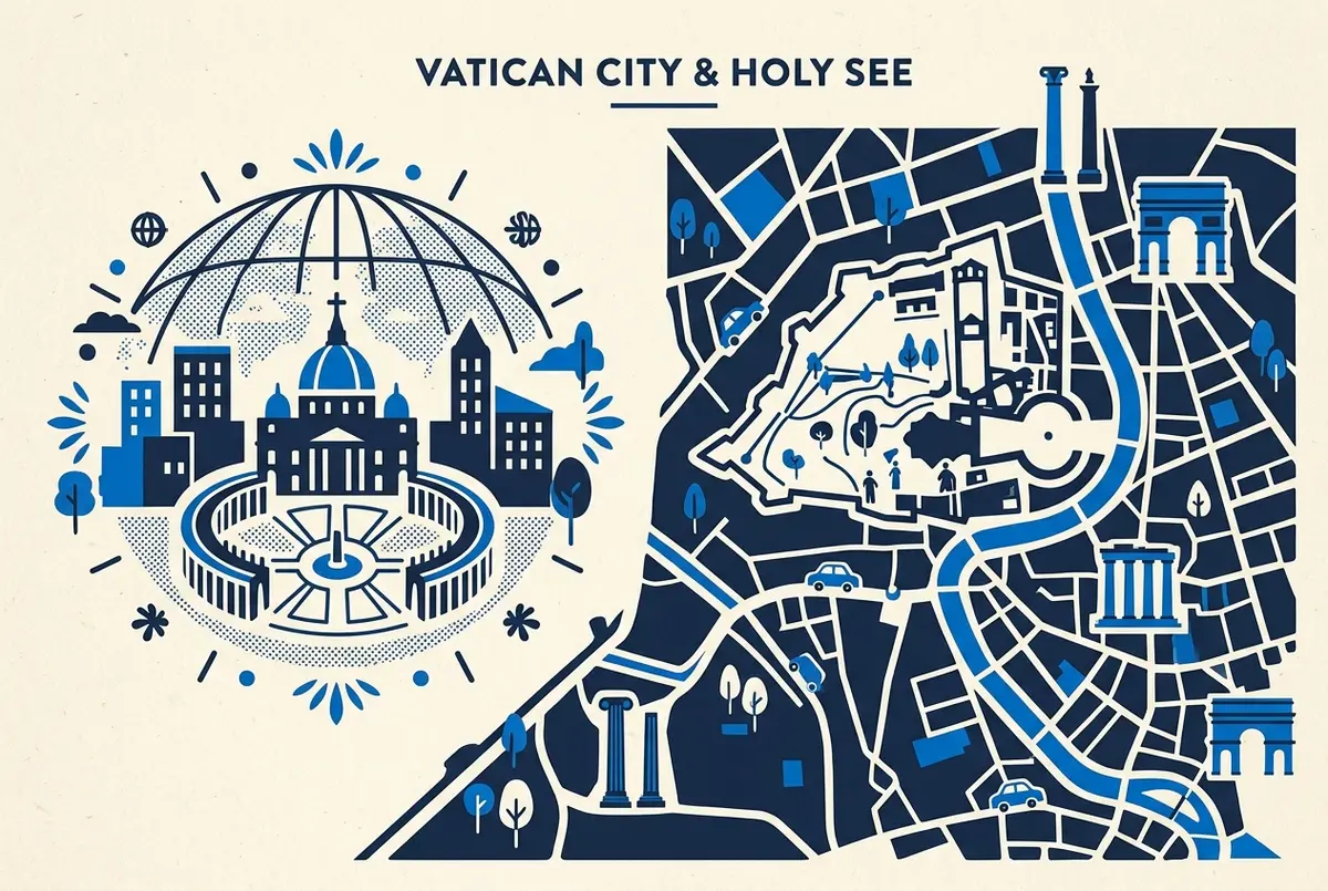 Simple labeled diagram contrasting the Holy See as a governing institution with Vatican City as a walled sovereign state inside Rome, minimal icons, editorial infographic style