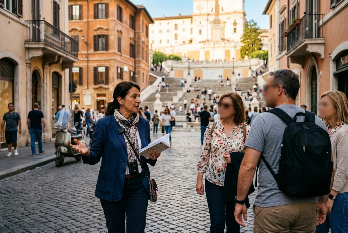 Guide francophone s'adressant à un petit groupe de visiteurs devant une statue classique du musée Pio-Clementino, lumière de matinée, scène visite guidée vatican en français