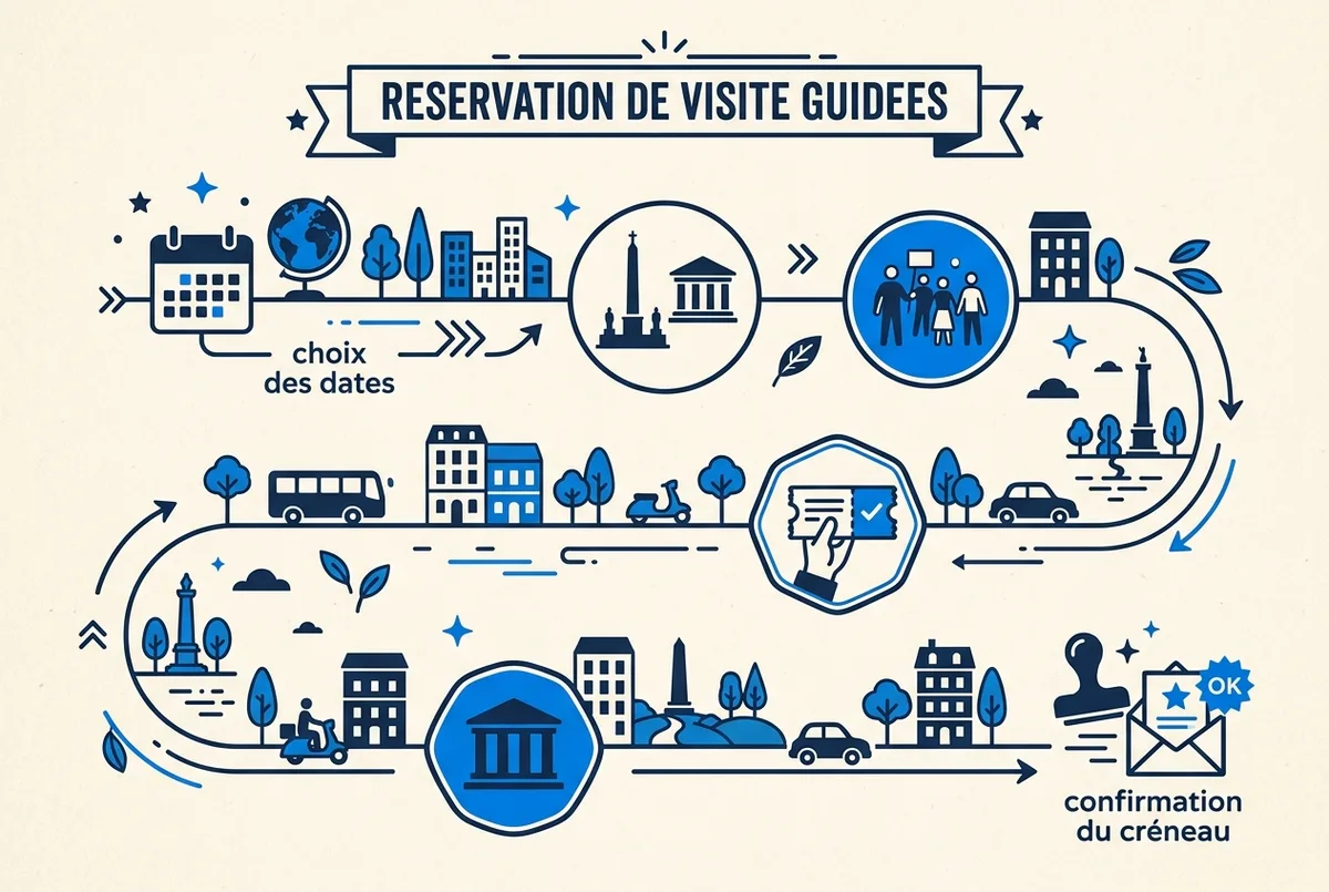 Infographie du calendrier de réservation recommandé pour une visite guidée en français au Vatican, du choix des dates jusqu'à la confirmation du créneau, étiquettes génériques sans dates précises