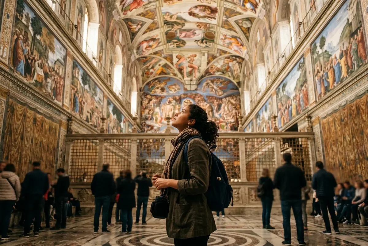 Traveler standing beneath Michelangelo's Sistine Chapel ceiling frescoes inside the Vatican Museums, warm golden interior light, vatican museum highlights