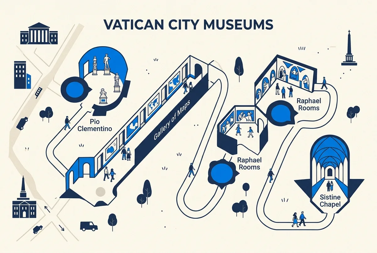Simple museum floor-plan style diagram showing the one-way visitor route through the Vatican Museums, labeled stops for the Pio Clementino, Gallery of Maps, Raphael Rooms and Sistine Chapel, minimal editorial map style
